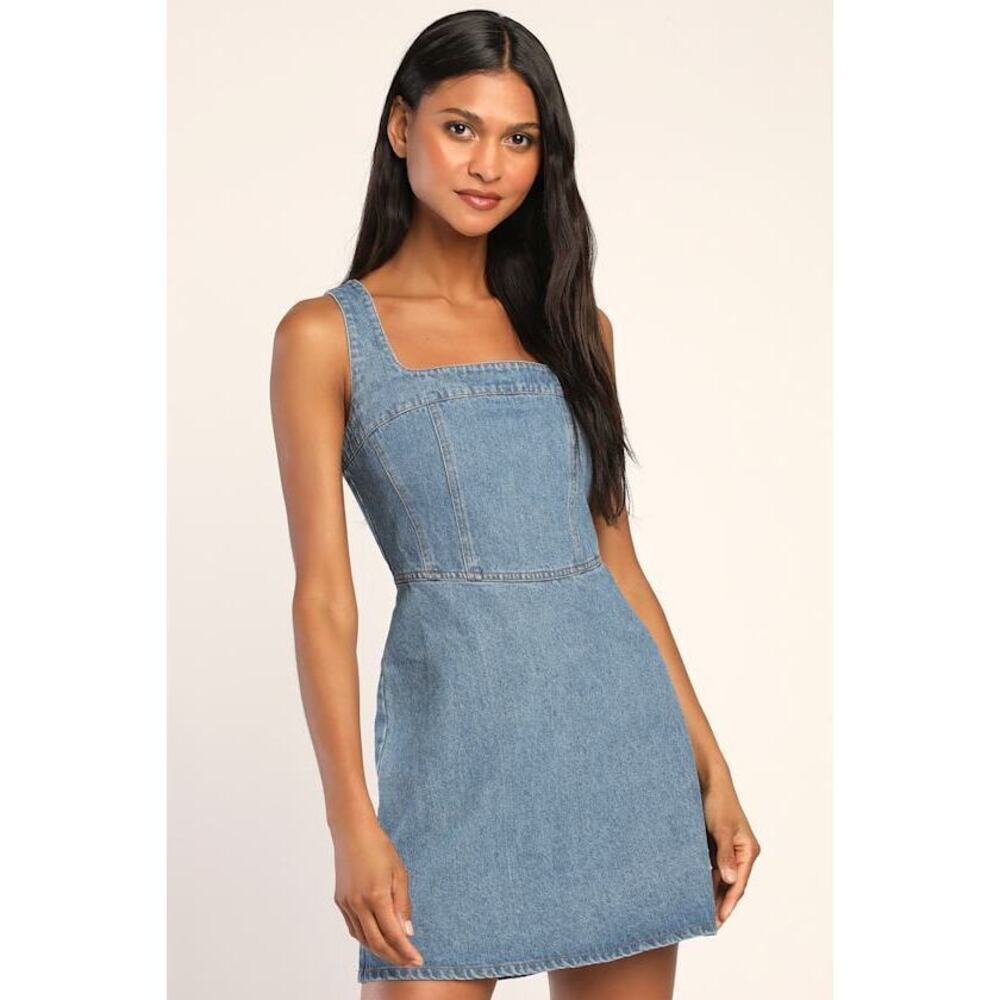Lulus So Delighted Medium Wash Denim Corset Seam Mini Dress Blue - Size S